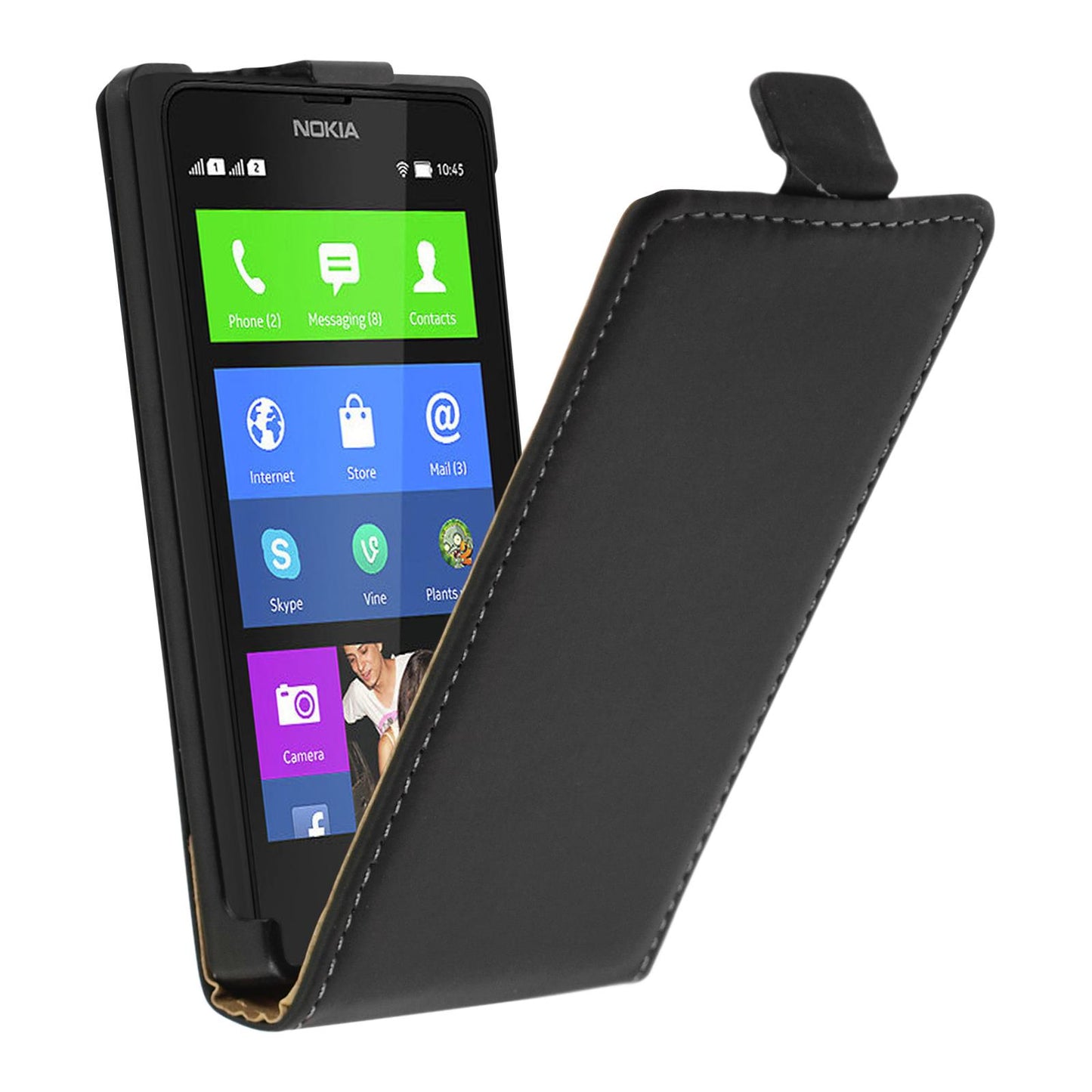 Kunst-Lederhülle für Nokia X / X+ Flip-Case schwarz + 2 Sch