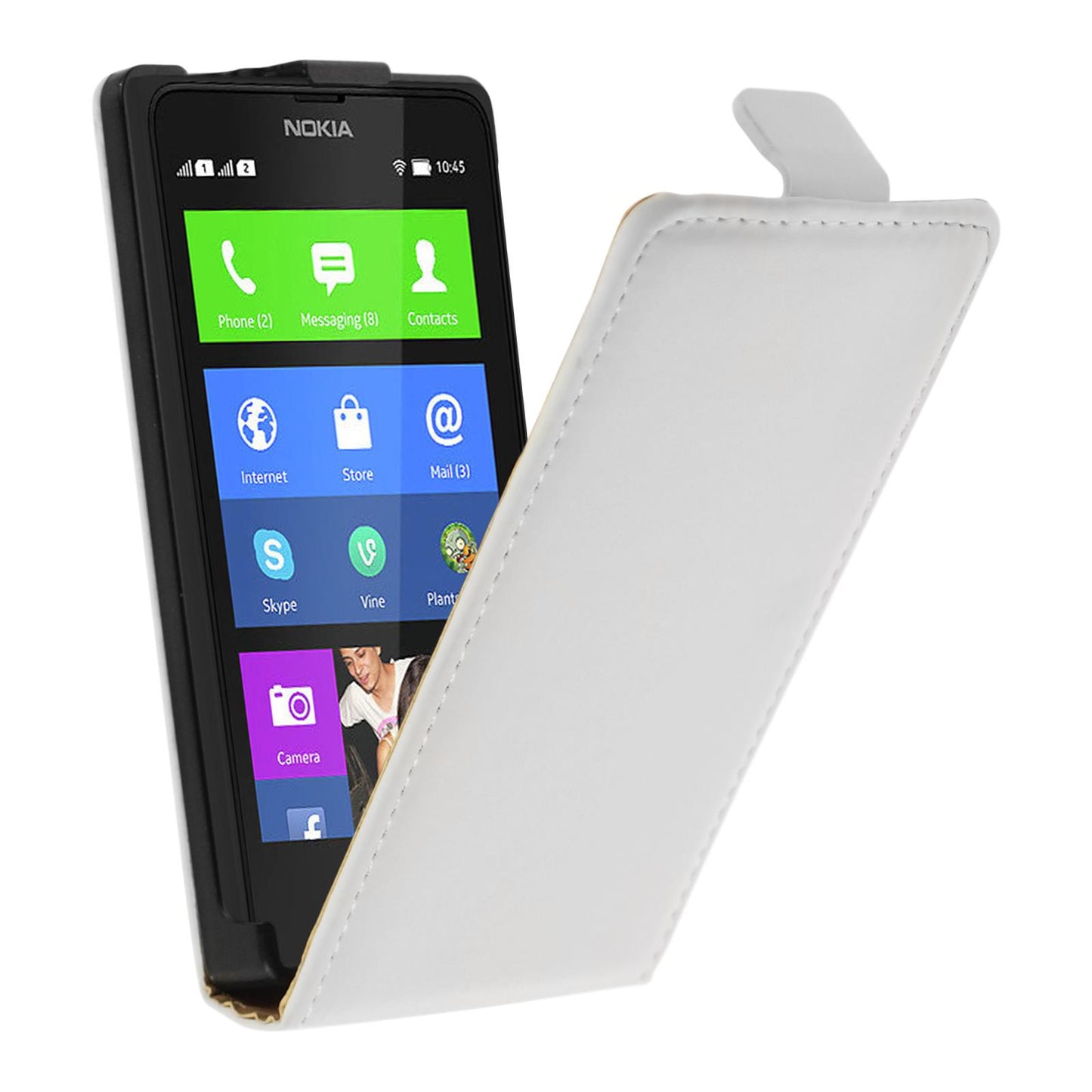 Kunst-Lederhülle für Nokia X / X+ Flip-Case weifl + 2 Schutz