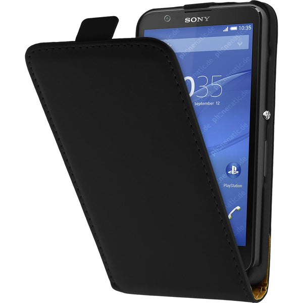 Kunst-Lederhülle für Sony Xperia E4 Flip-Case schwarz + 2 Sc