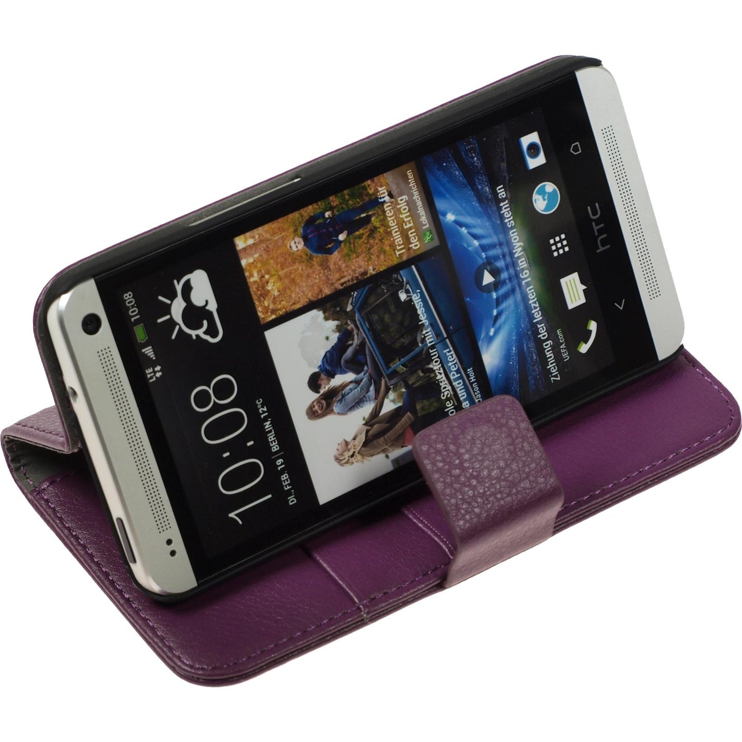 Kunst-Lederhülle für HTC One lila + 2 Schutzfolien