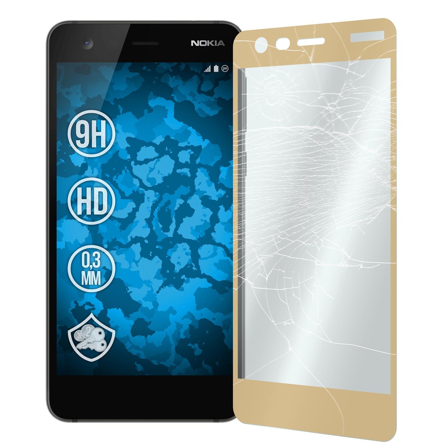 1 x Nokia 2 Glas-Displayschutzfolie klar full-screen gold