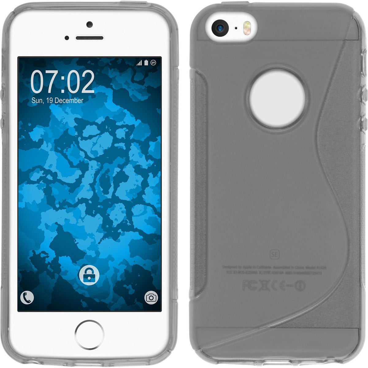 PhoneNatic Case kompatibel mit Apple iPhone SE 2016 (1.Gen) - grau Silikon Hülle S-Style Logo + 2 Schutzfolien