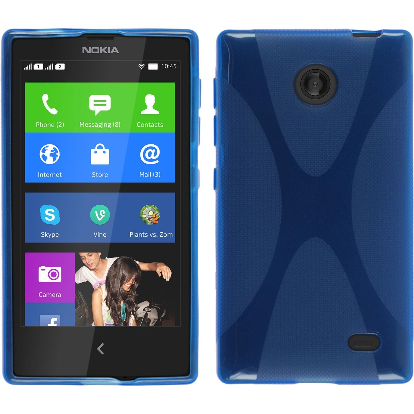 PhoneNatic Case kompatibel mit Nokia X / X+ - blau Silikon Hülle X-Style + 2 Schutzfolien