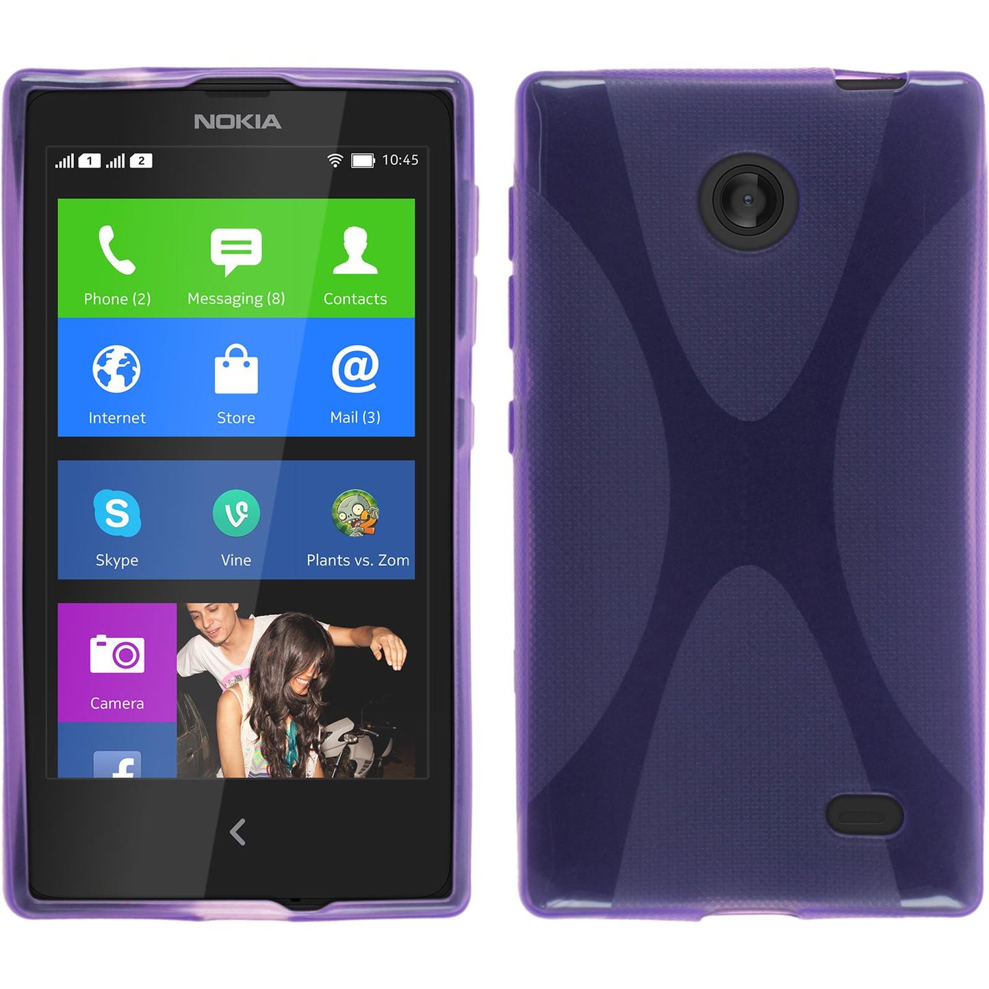 PhoneNatic Case kompatibel mit Nokia X / X+ - lila Silikon Hülle X-Style + 2 Schutzfolien