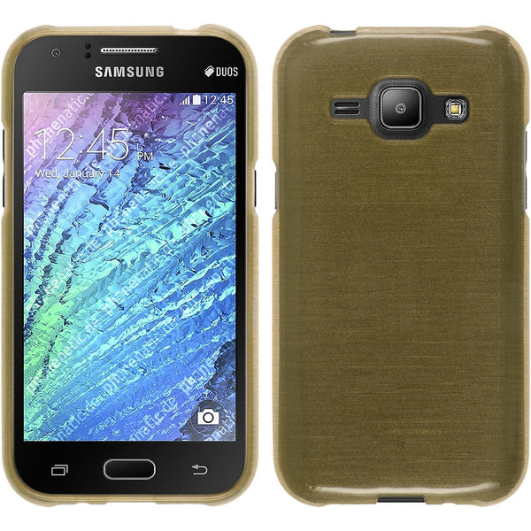 PhoneNatic Case kompatibel mit Samsung Galaxy J1 (2015 - J100) - gold Silikon Hülle brushed + 2 Schutzfolien