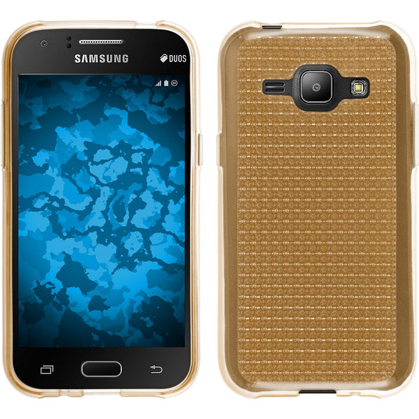 PhoneNatic Case kompatibel mit Samsung Galaxy J1 (2015 - J100) - gold Silikon Hülle Iced + 2 Schutzfolien