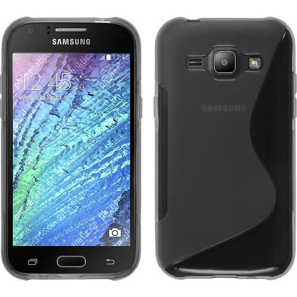 PhoneNatic Case kompatibel mit Samsung Galaxy J1 (2015 - J100) - grau Silikon Hülle S-Style + 2 Schutzfolien