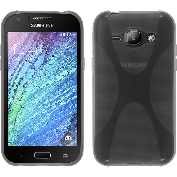 PhoneNatic Case kompatibel mit Samsung Galaxy J1 (2015 - J100) - grau Silikon Hülle X-Style + 2 Schutzfolien