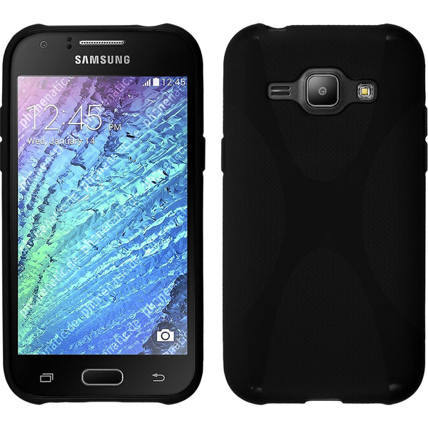 PhoneNatic Case kompatibel mit Samsung Galaxy J1 (2015 - J100) - schwarz Silikon Hülle X-Style + 2 Schutzfolien