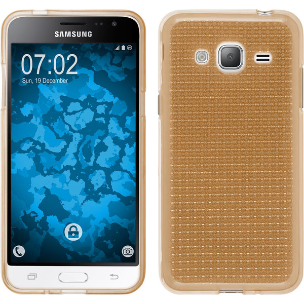 PhoneNatic Case kompatibel mit Samsung Galaxy J3 (2016) - gold Silikon Hülle Iced + 2 Schutzfolien
