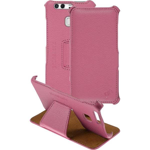 Echt-Lederhülle für Huawei P9 Leder-Case rosa + Glasfolie