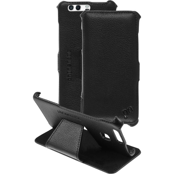 Echt-Lederhülle für Huawei P9 Leder-Case schwarz + Glasfolie