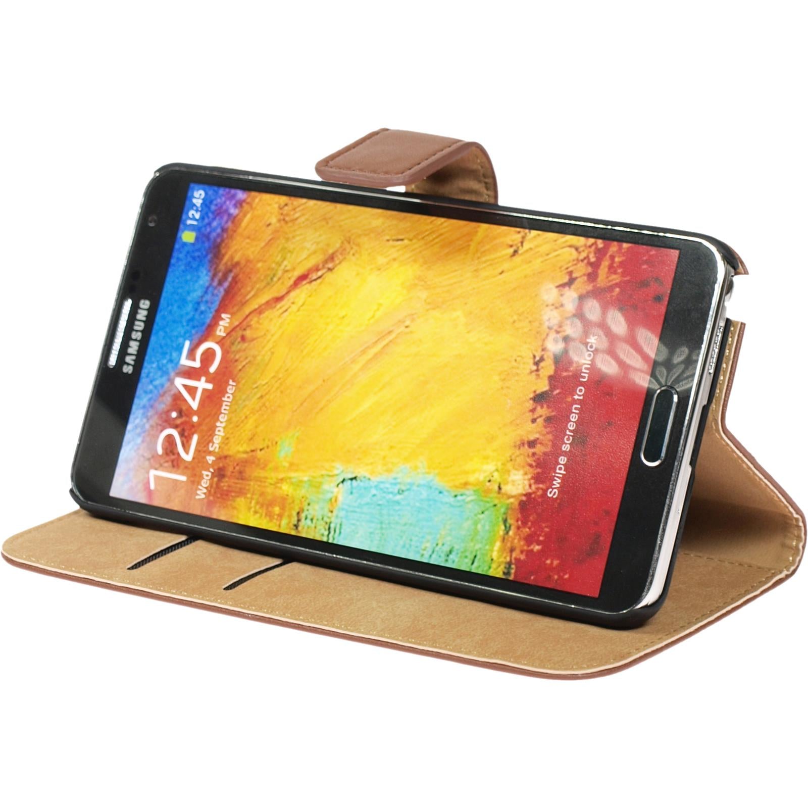Kunst-Lederhülle für Samsung Galaxy Note 3 Wallet braun + 2