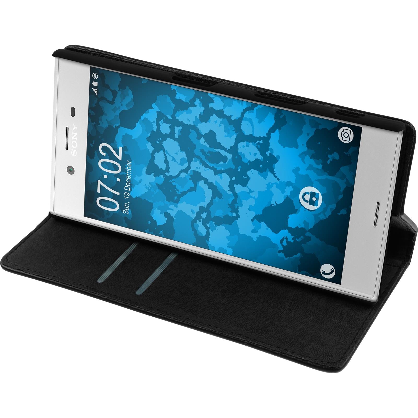Kunst-Lederhülle für Sony Xperia XZs Book-Case schwarz + 2 S