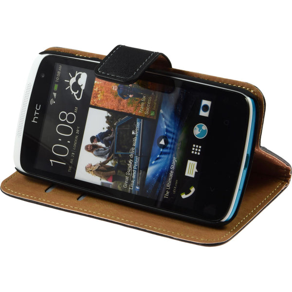 Kunst-Lederhülle für HTC Desire 500 Wallet schwarz + 2 Schut