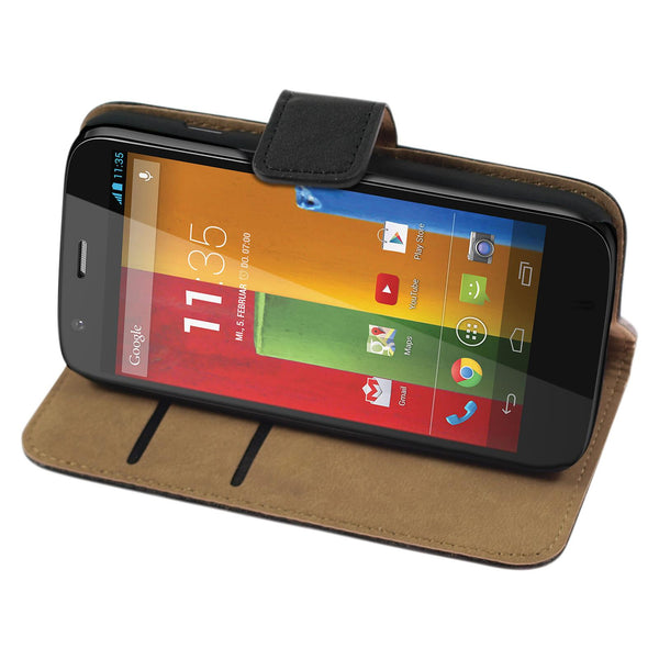 Kunst-Lederhülle für Motorola Moto G Wallet schwarz + 2 Schu