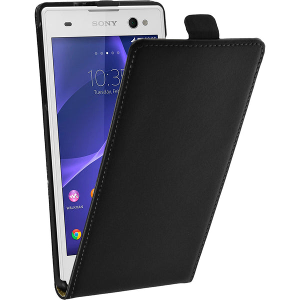 Kunst-Lederhülle für Sony Xperia C3 Flip-Case schwarz + 2 Sc