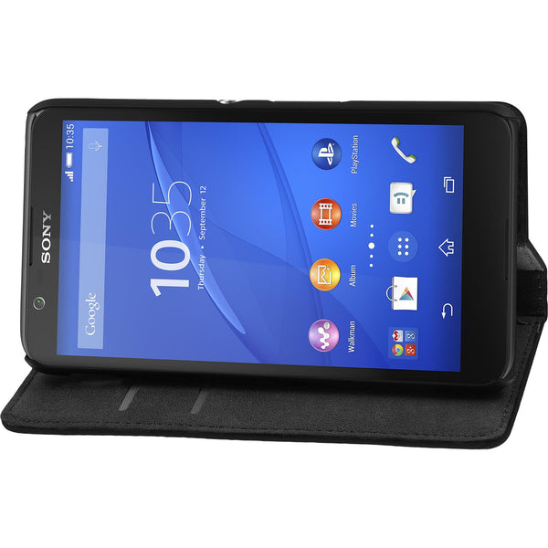 Kunst-Lederhülle für Sony Xperia E4 Book-Case schwarz + 2 Sc