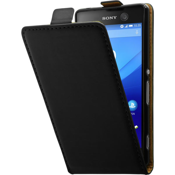 Kunst-Lederhülle für Sony Xperia M5 Flip-Case schwarz + 2 Sc