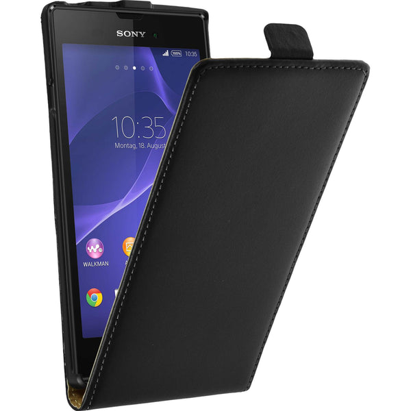 Kunst-Lederhülle für Sony Xperia T3 Flip-Case schwarz + 2 Sc