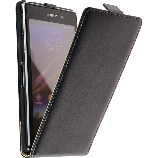 Kunst-Lederhülle für Sony Xperia Z1 Flip-Case schwarz + 2 Sc