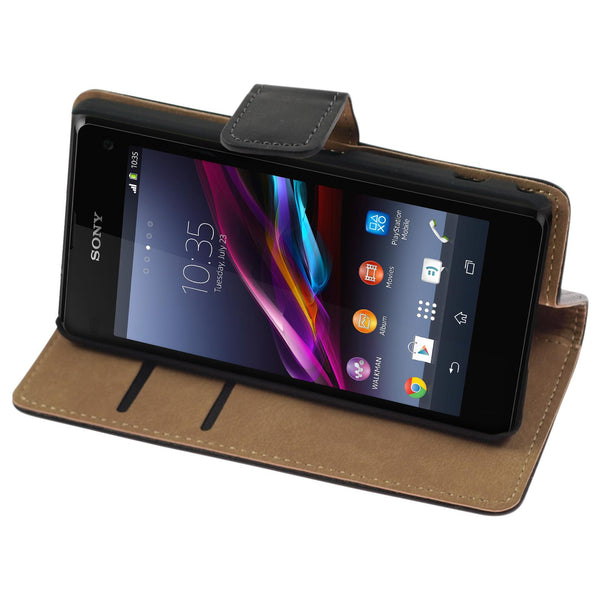 Kunst-Lederhülle für Sony Xperia Z1 Compact Wallet schwarz +