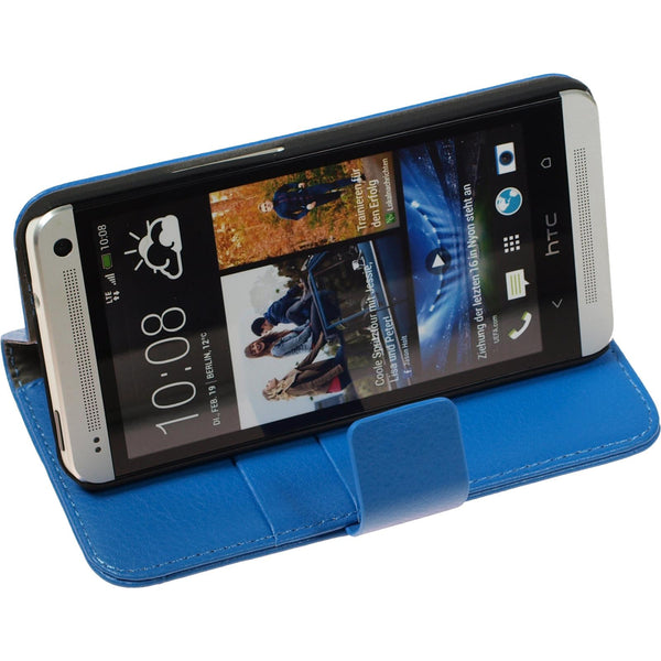 Kunst-Lederhülle für HTC One Premium blau + 2 Schutzfolien