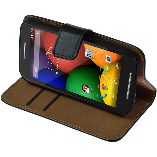 Kunst-Lederhülle für Motorola Moto E Wallet schwarz + 2 Schu