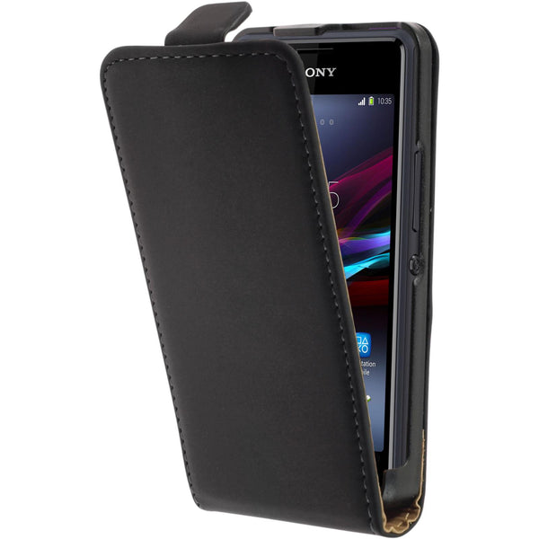 Kunst-Lederhülle für Sony Xperia E1 Flip-Case schwarz + 2 Sc