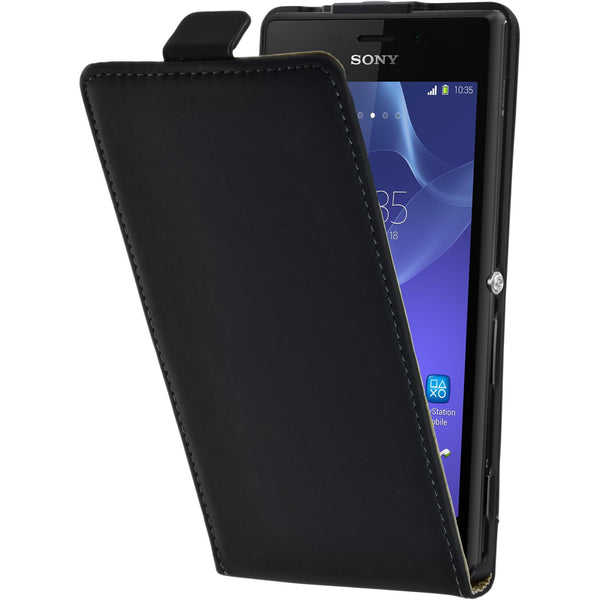 Kunst-Lederhülle für Sony Xperia M2 Flip-Case schwarz + 2 Sc