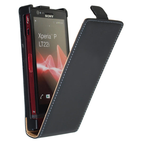 Kunst-Lederhülle für Sony Xperia P Flip-Case schwarz + 2 Sch