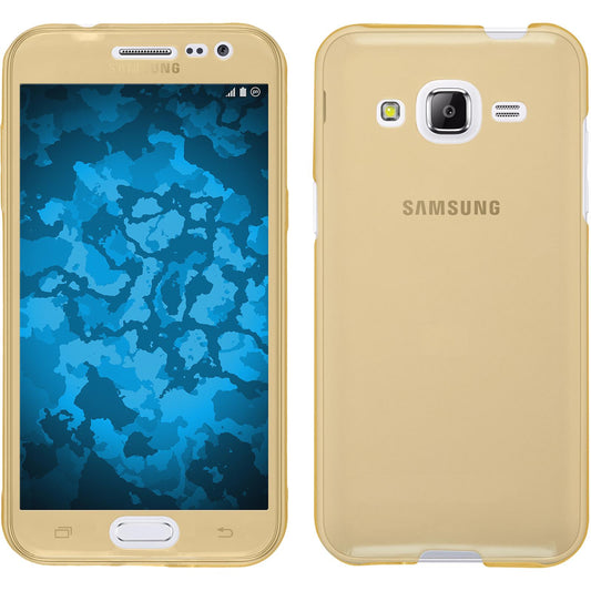 PhoneNatic Case kompatibel mit Samsung Galaxy J2 (2015) - gold Silikon Hülle 360∞ Fullbody + 2 Schutzfolien
