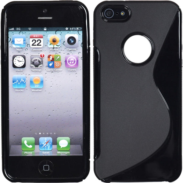 PhoneNatic Case kompatibel mit Apple iPhone 5 / 5s / SE - schwarz Silikon Hülle S-Style Logo + 2 Schutzfolien