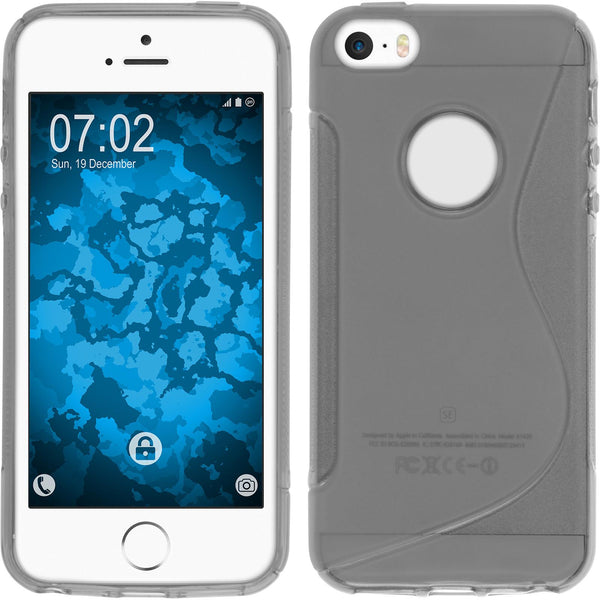 PhoneNatic Case kompatibel mit Apple iPhone SE 2016 (1.Gen) - grau Silikon Hülle S-Style Logo + 2 Schutzfolien