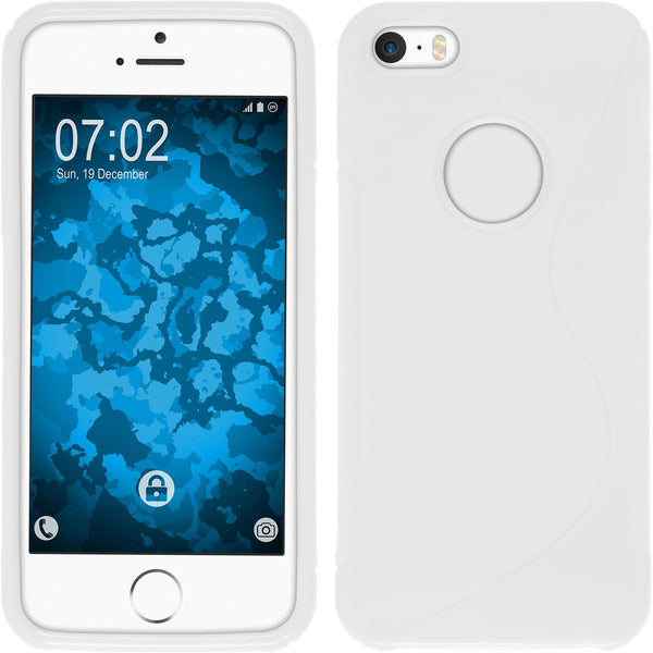 PhoneNatic Case kompatibel mit Apple iPhone SE 2016 (1.Gen) - weiß Silikon Hülle S-Style Logo + 2 Schutzfolien