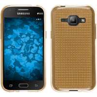 PhoneNatic Case kompatibel mit Samsung Galaxy J1 (2015 - J100) - gold Silikon Hülle Iced + 2 Schutzfolien